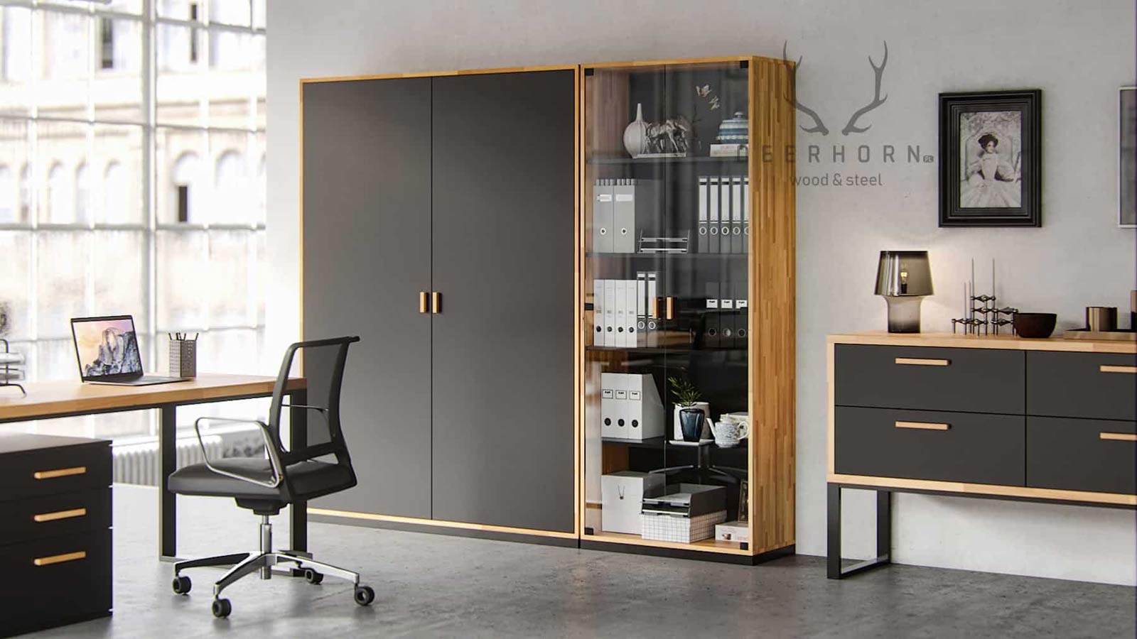 Vitrine loft blanche en verre et bois