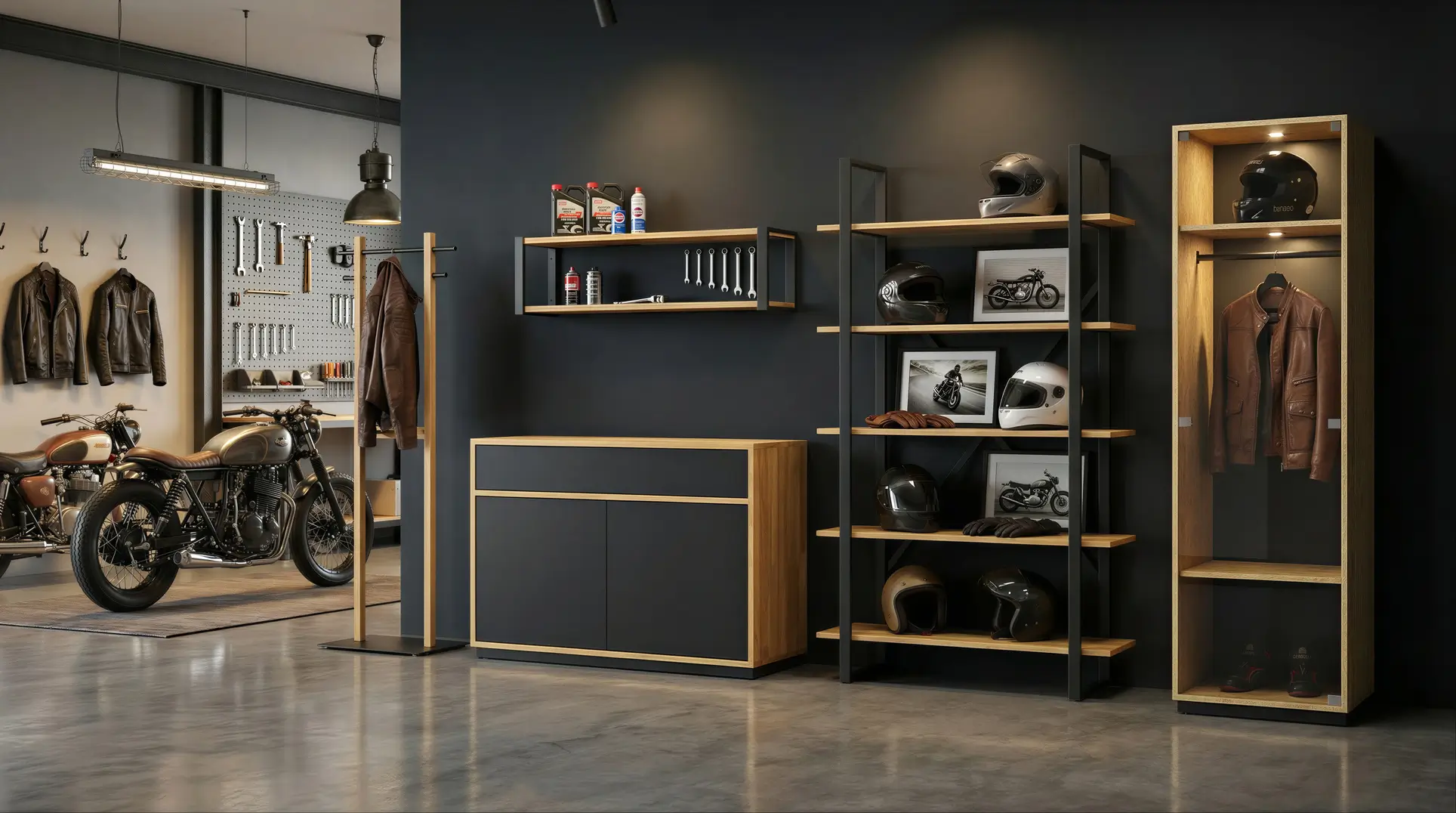 Armoire de motard en OSB avec vitrage