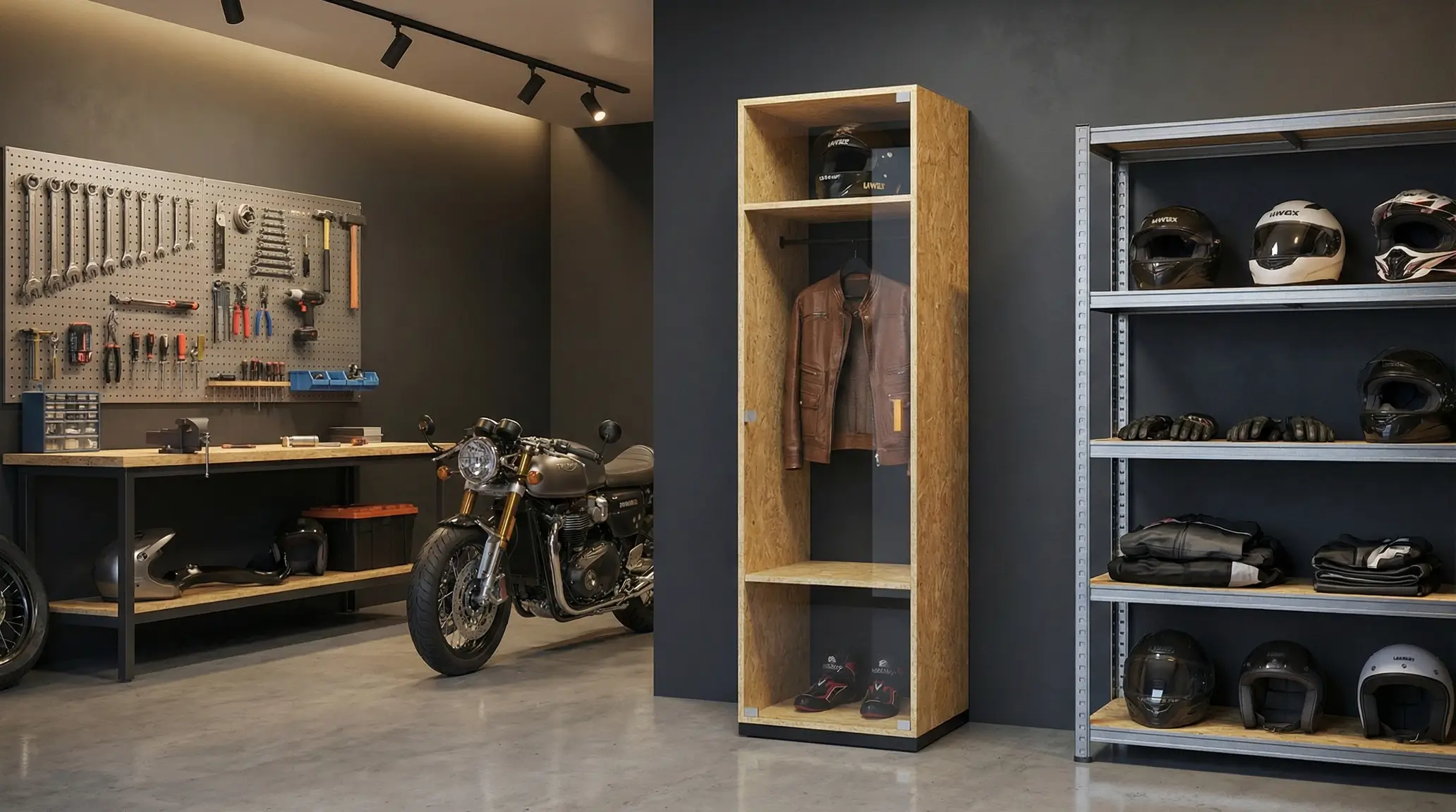 Armoire de motard en OSB avec vitrage