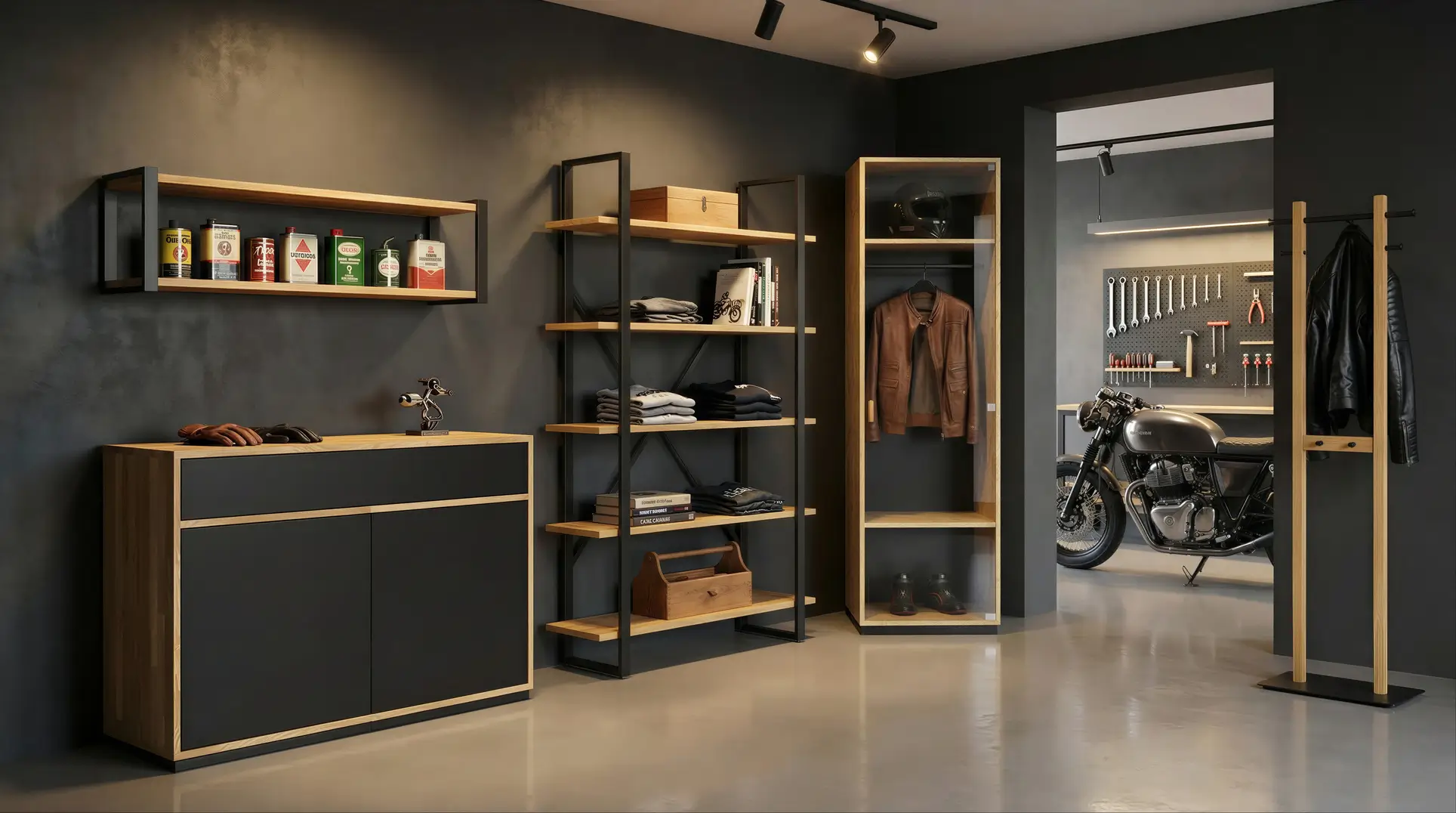 Armoire de motard en OSB avec vitrage