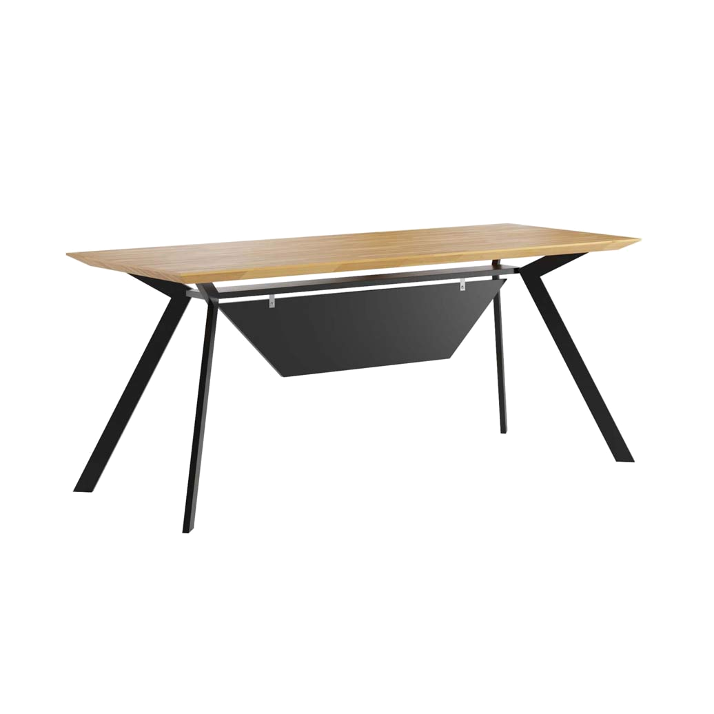 Bureau moderne noir avec plateau en bois et mélangeur