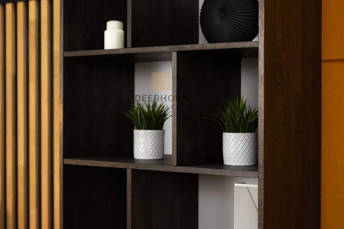 Bibliothèque de bureau en ébène étagères et deux tiroirs