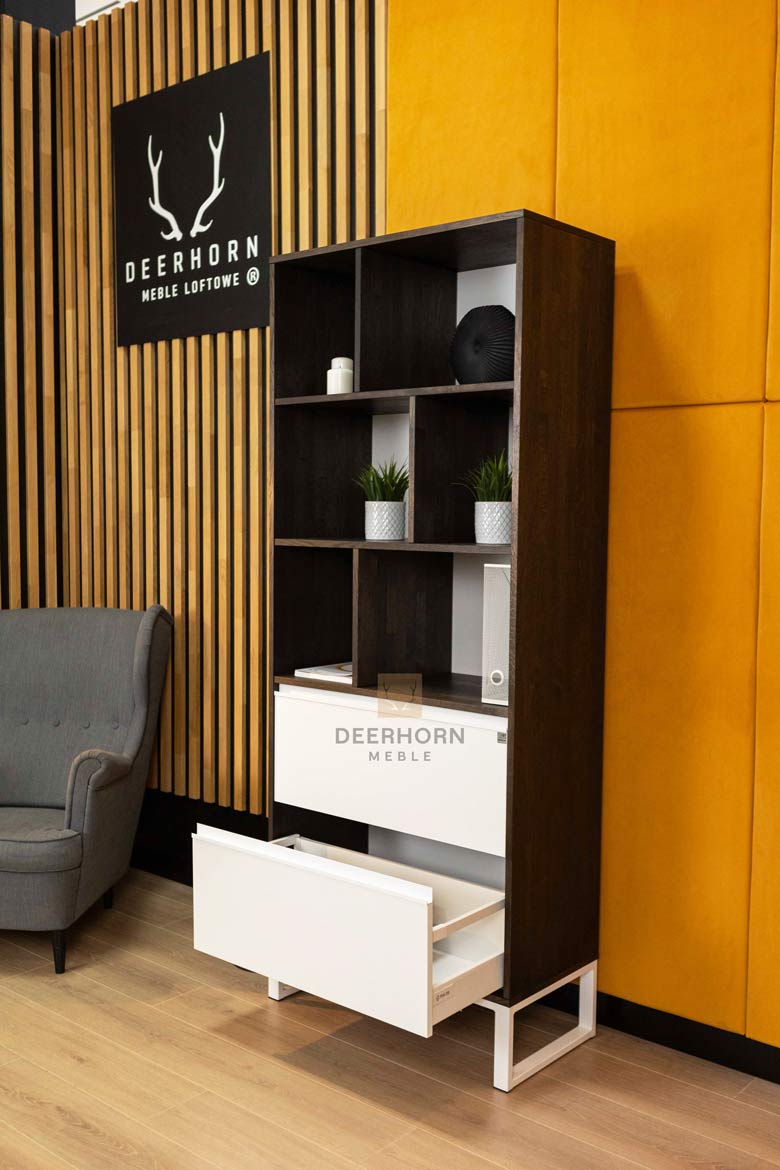 Bibliothèque de bureau en ébène noir avec étagères et deux tiroirs