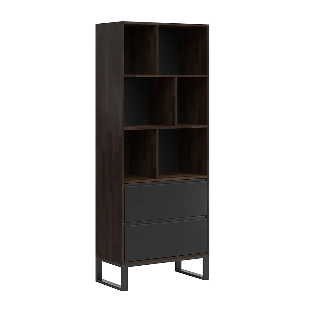 Bibliothèque de bureau en ébène noir avec étagères et deux tiroirs