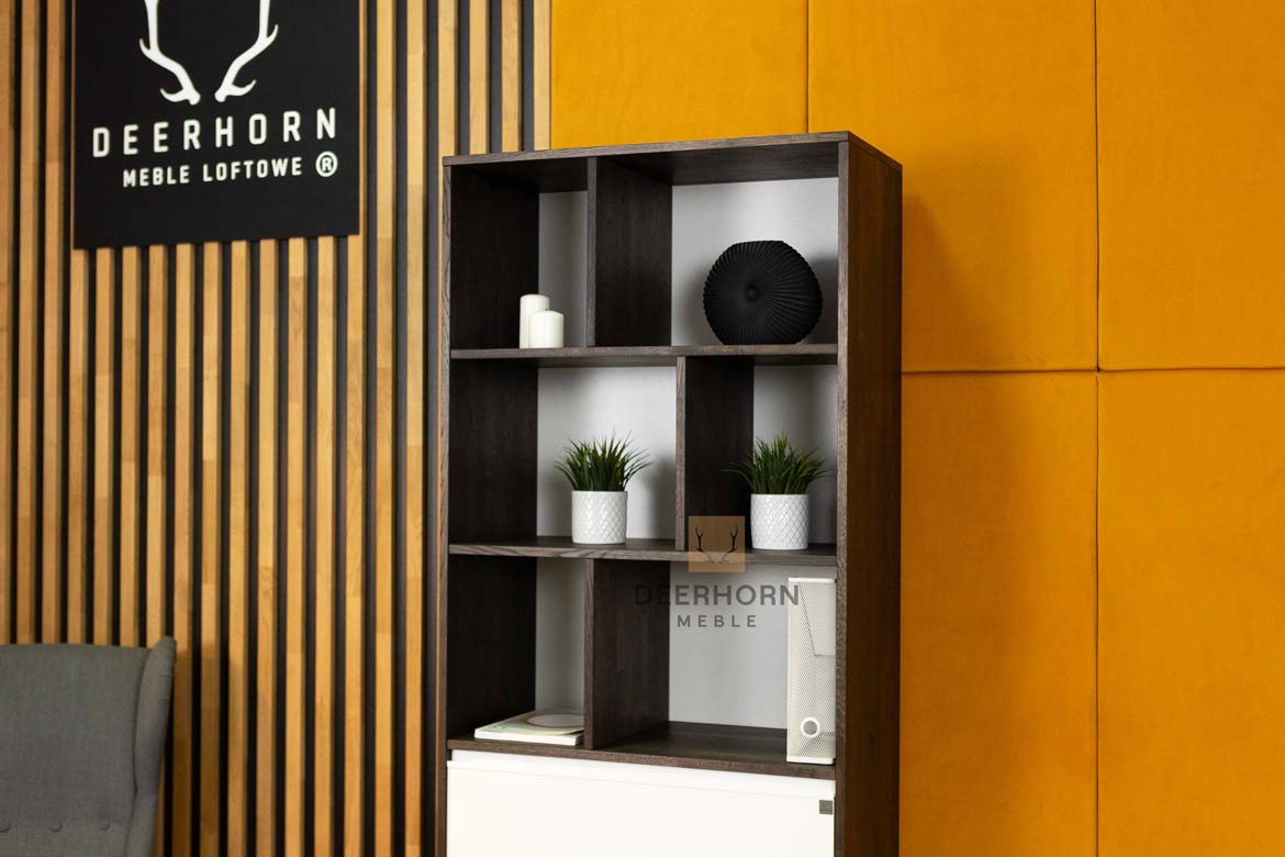 Bibliothèque de bureau en ébène noir avec étagères et deux tiroirs