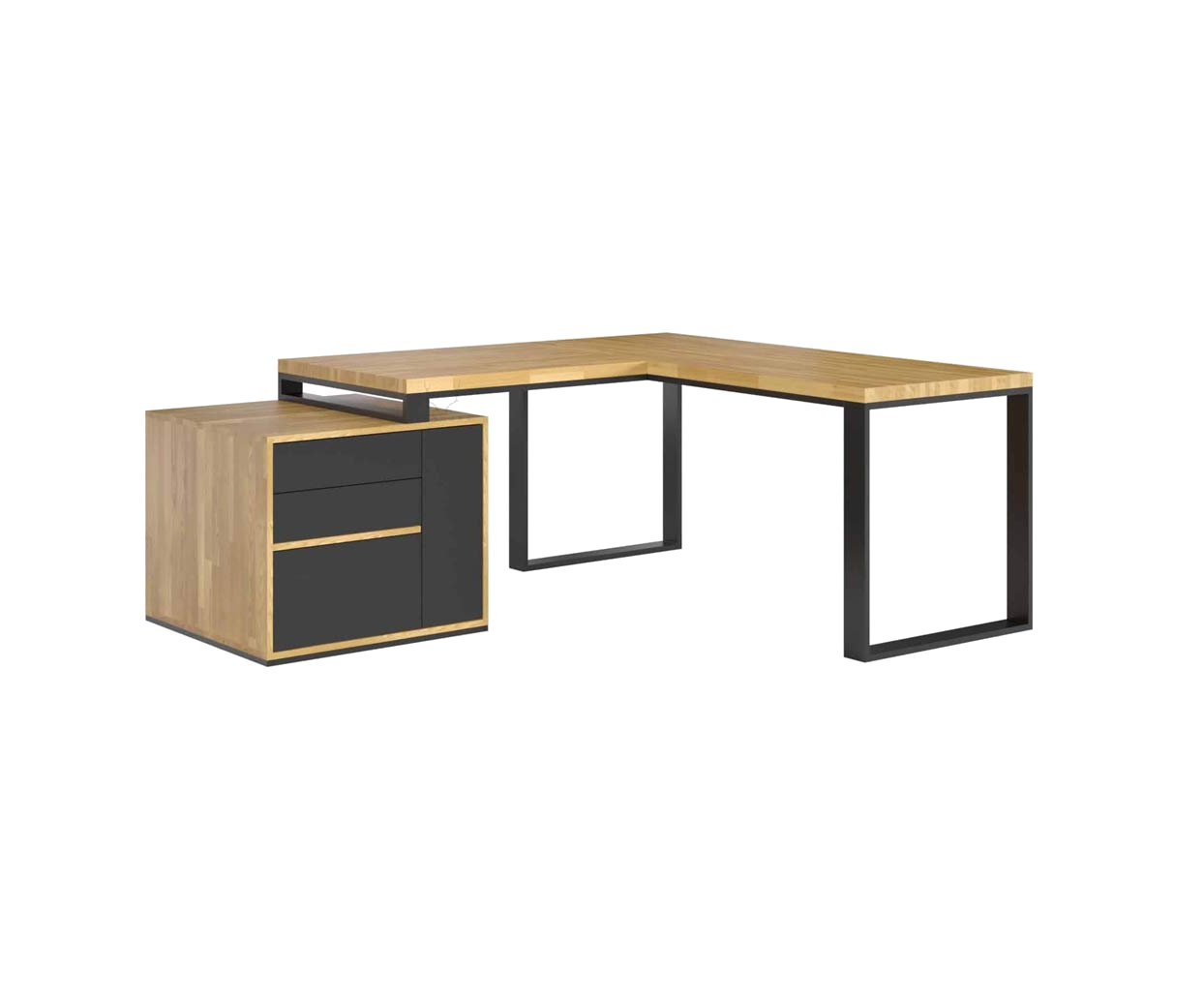 Bureau d'angle pour grand bureau avec plateau en bois, tiroirs et couvercles