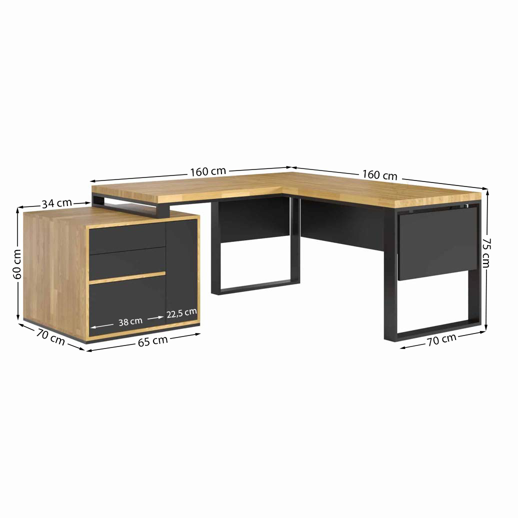 Bureau d'angle pour grand bureau avec plateau en bois, tiroirs et couvercles