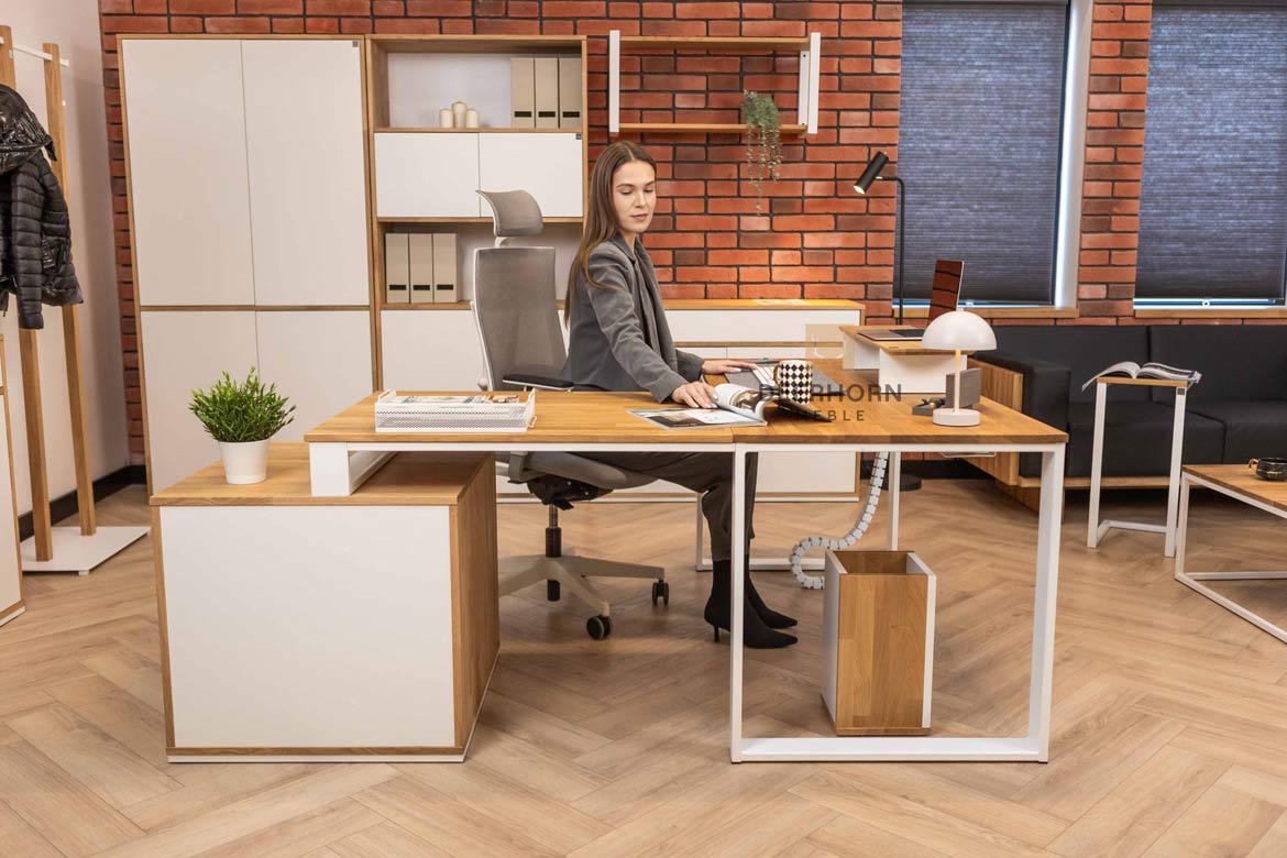 Bureau d'angle en bois blanc avec caisson et plateau mince de bureau