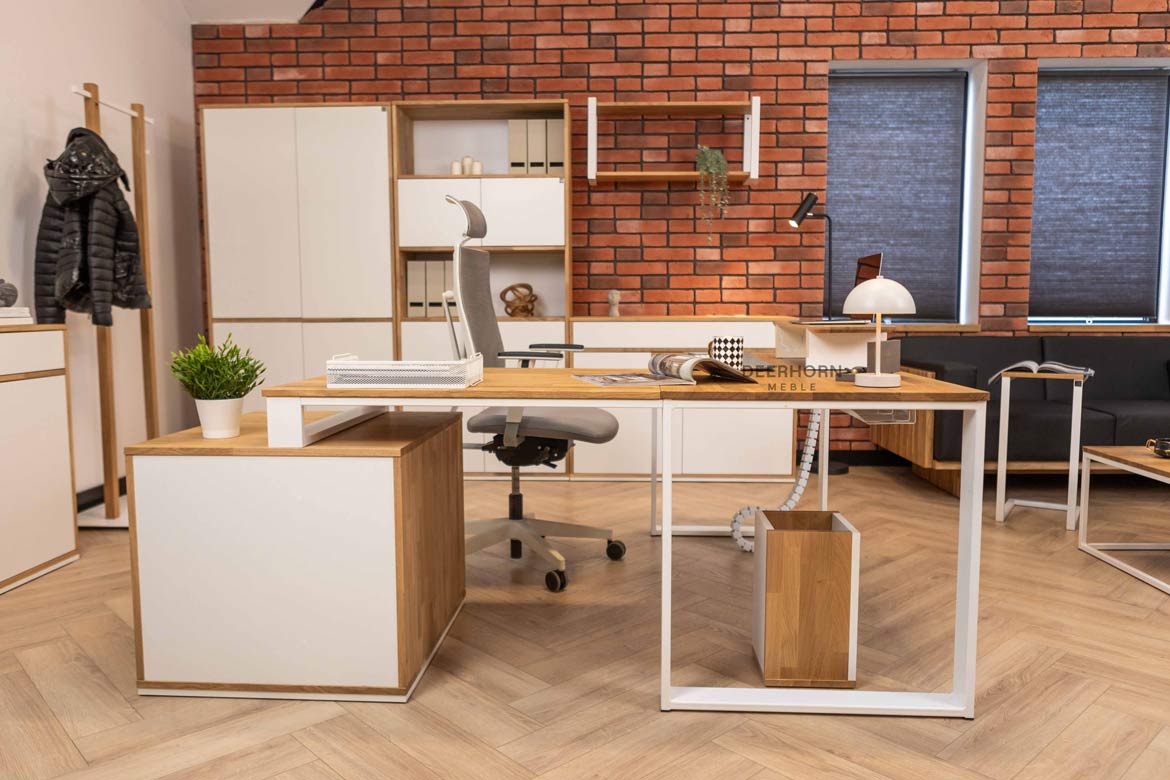Bureau d'angle en bois blanc avec caisson et plateau mince de bureau