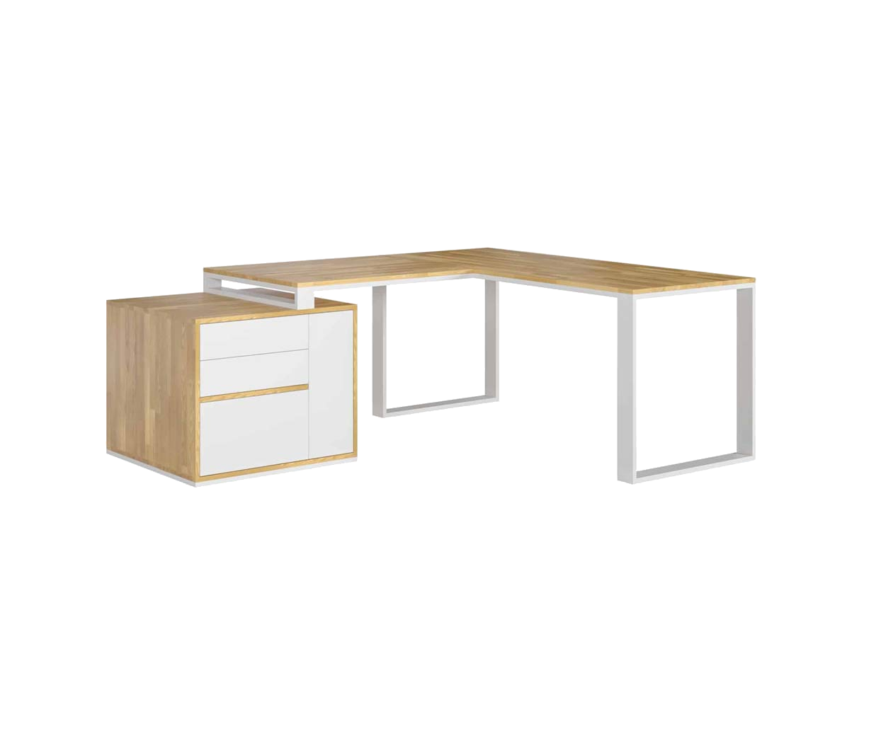 Bureau d'angle en bois blanc avec caisson et plateau mince de bureau