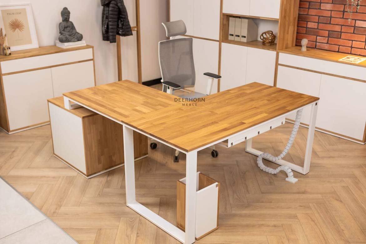 Bureau d'angle en bois blanc avec caisson et plateau mince de bureau