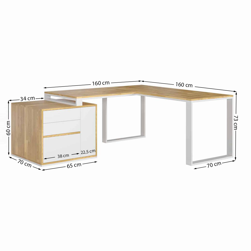 Bureau d'angle en bois blanc avec caisson et plateau mince de bureau