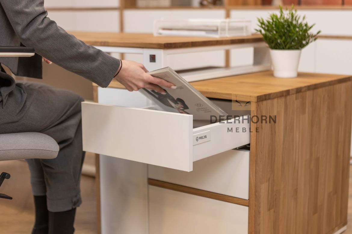 Bureau d'angle en bois blanc avec caisson et plateau mince de bureau