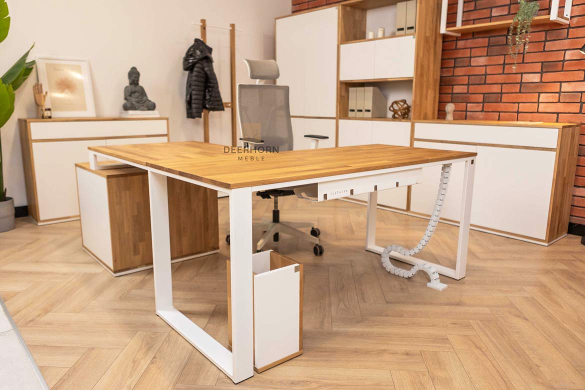 Bureau d'angle en bois blanc avec caisson et plateau mince de bureau