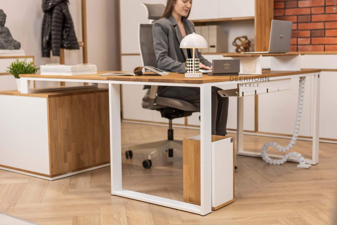 Bureau d'angle en bois blanc avec caisson et plateau mince de bureau