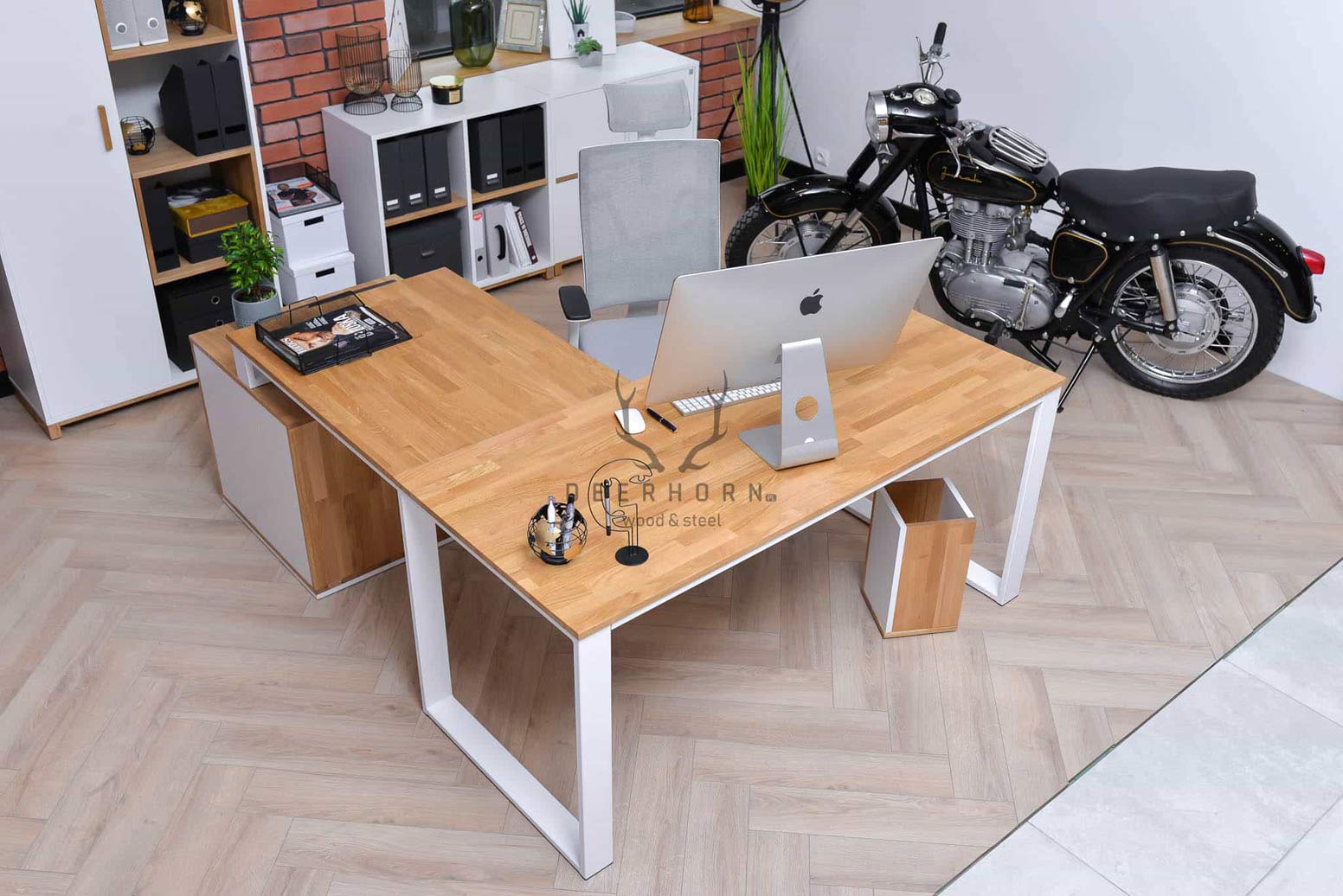 Bureau d'angle en bois blanc avec caisson et plateau mince de bureau