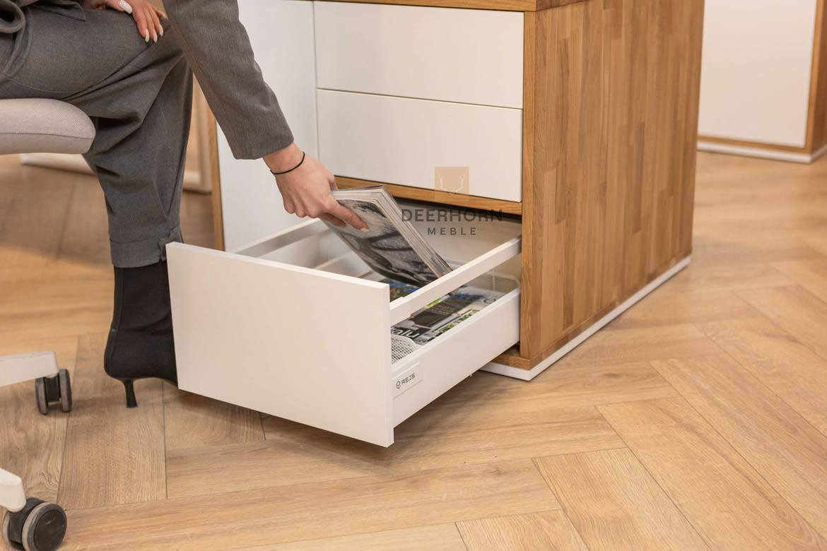 Bureau d'angle en bois blanc avec caisson et plateau mince de bureau