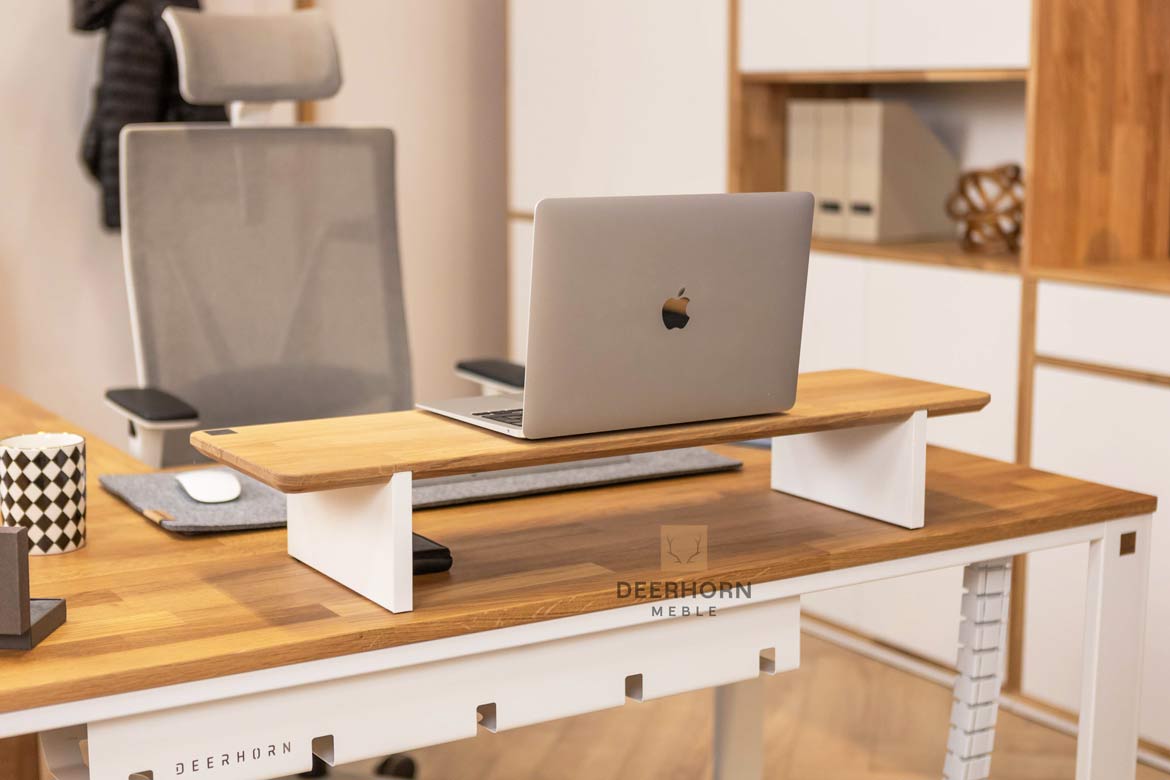 Bureau d'angle en bois blanc avec caisson et plateau mince de bureau
