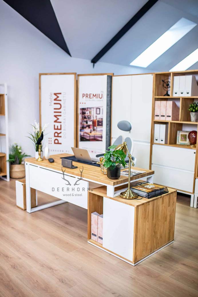 Bureau d'entreprise blanc avec plateau en bois Loft Office Plus Left