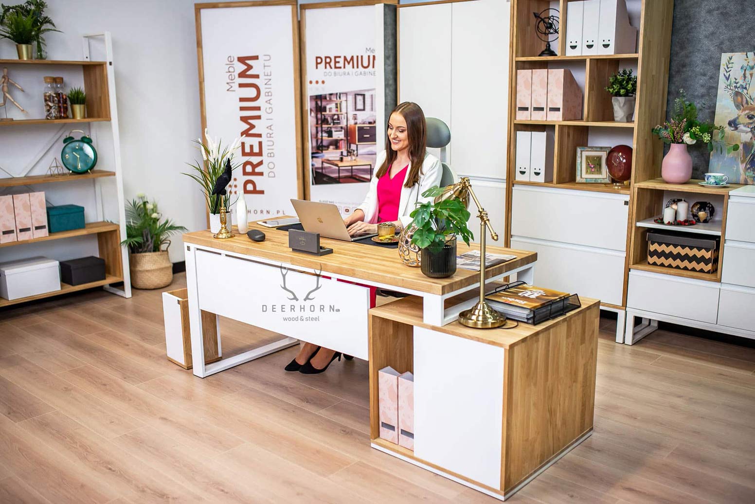 Bureau d'entreprise blanc avec plateau en bois Loft Office Plus Left