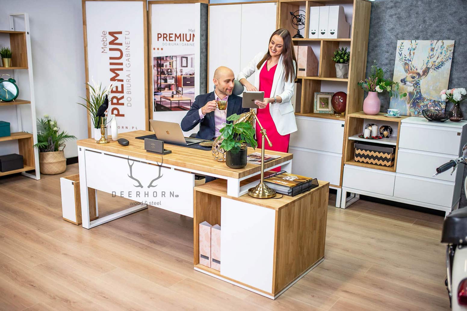 Bureau d'entreprise blanc avec plateau en bois Loft Office Plus Left