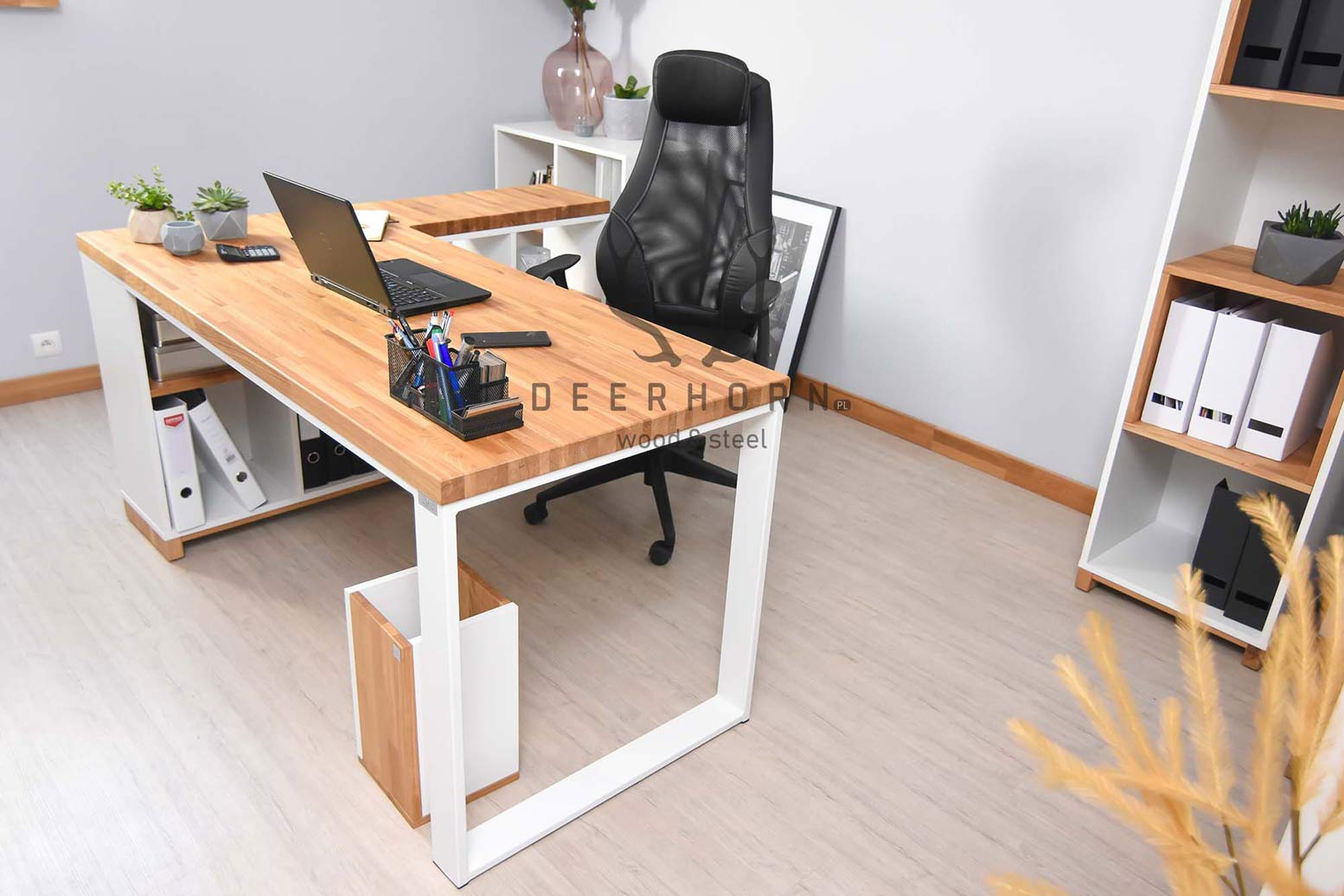 Bureau d'angle blanc en bois et métal "bureau moderne" côté droit