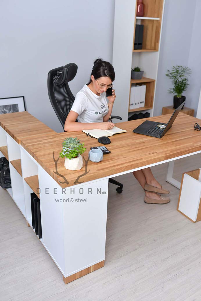 Bureau d'angle blanc en bois et métal "bureau moderne" côté droit