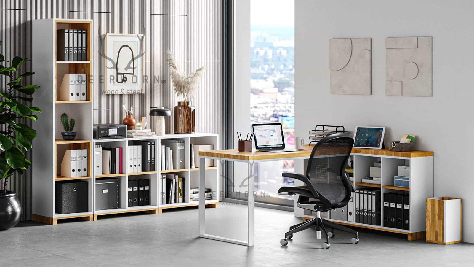 Bureau d'angle blanc en bois et métal "bureau moderne" côté droit