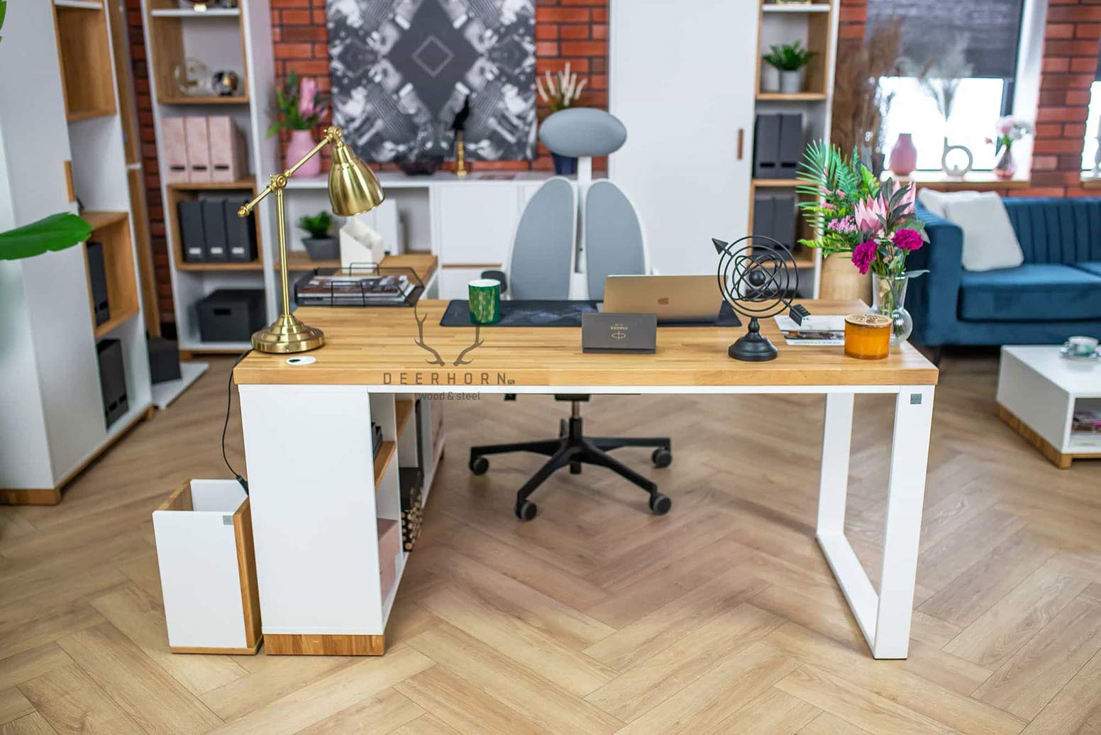 Bureau d'angle blanc en bois et métal "bureau moderne" côté droit