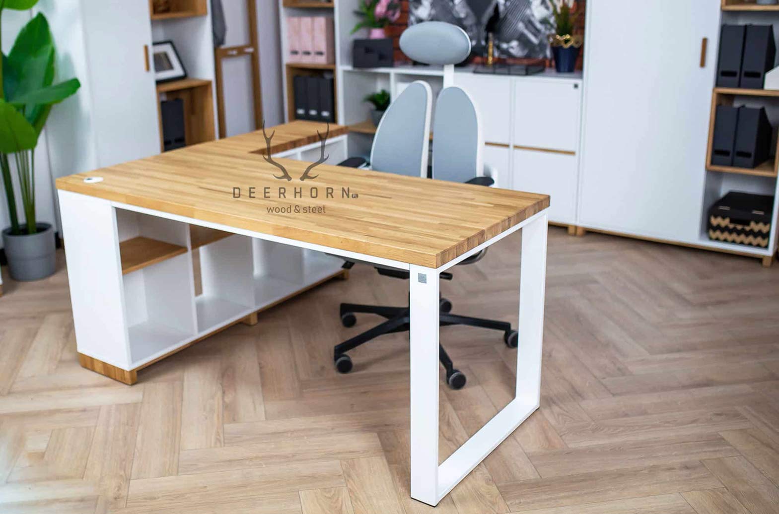 Bureau d'angle blanc en bois et métal "bureau moderne" côté droit