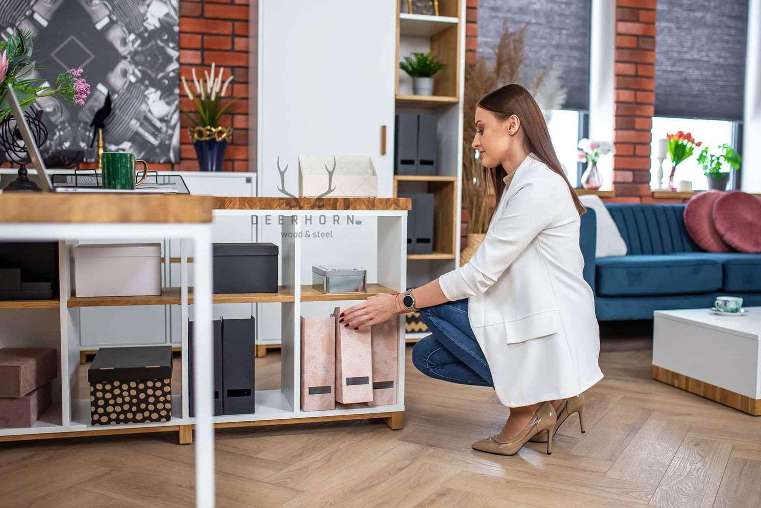 Bureau d'angle blanc en bois et métal "bureau moderne" côté droit
