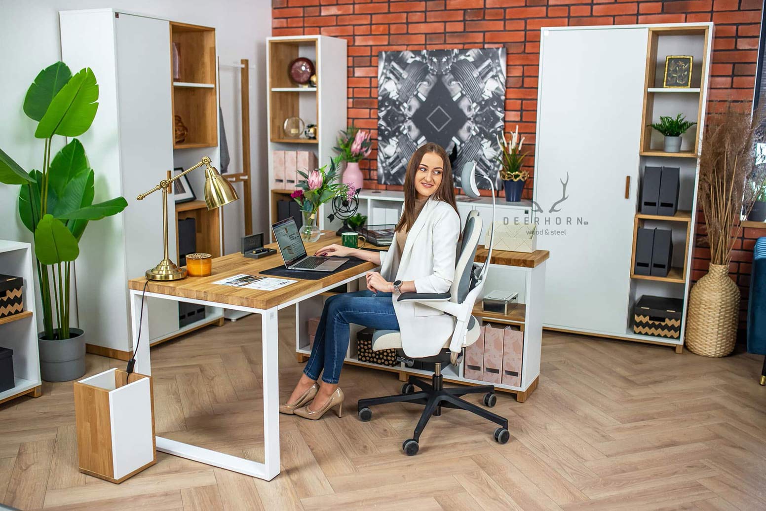 Bureau d'angle blanc en bois et métal "bureau moderne" côté droit