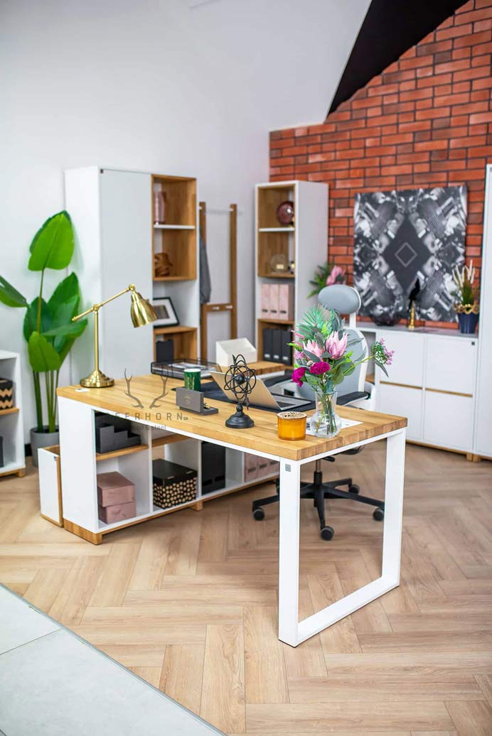 Bureau d'angle blanc en bois et métal "bureau moderne" côté droit