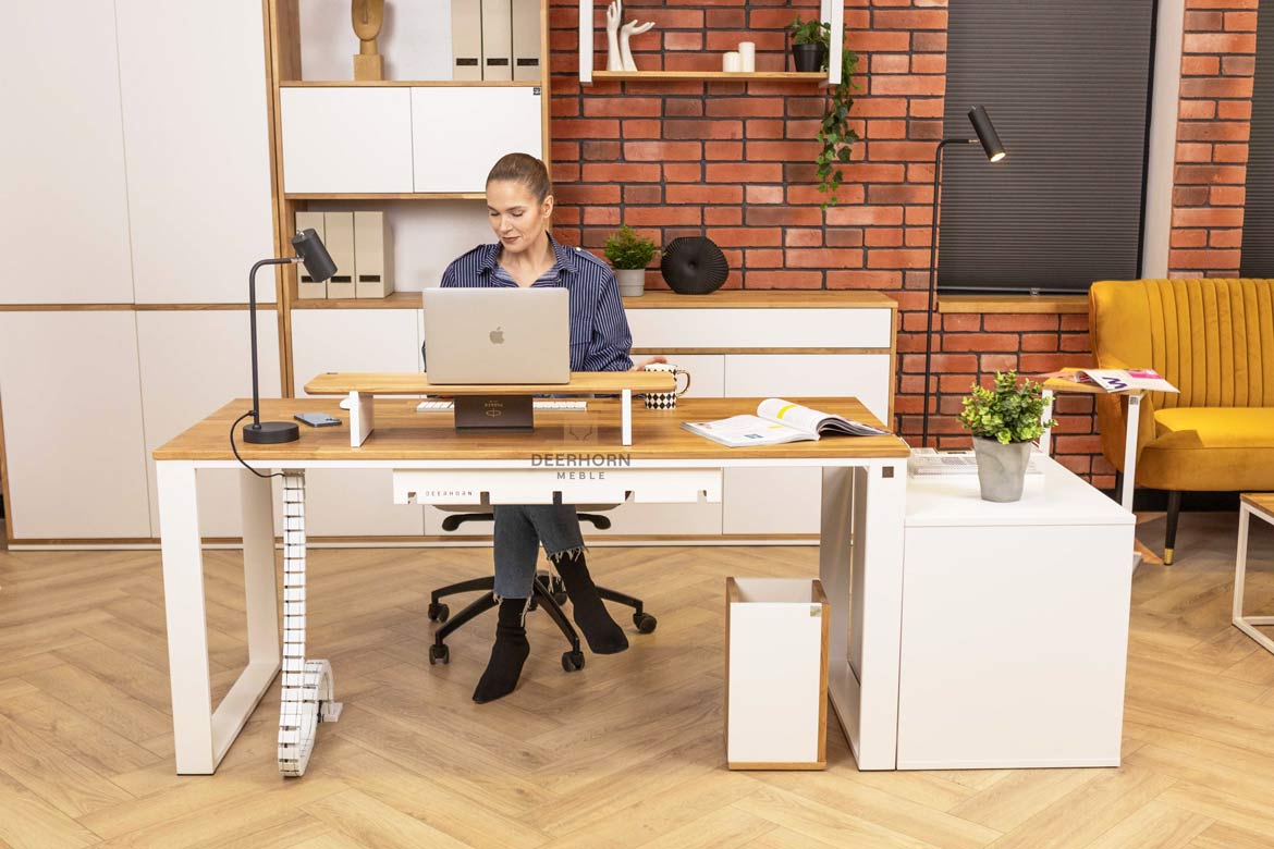 Bureau blanc avec plateau en bois 160x70cm plus caisson