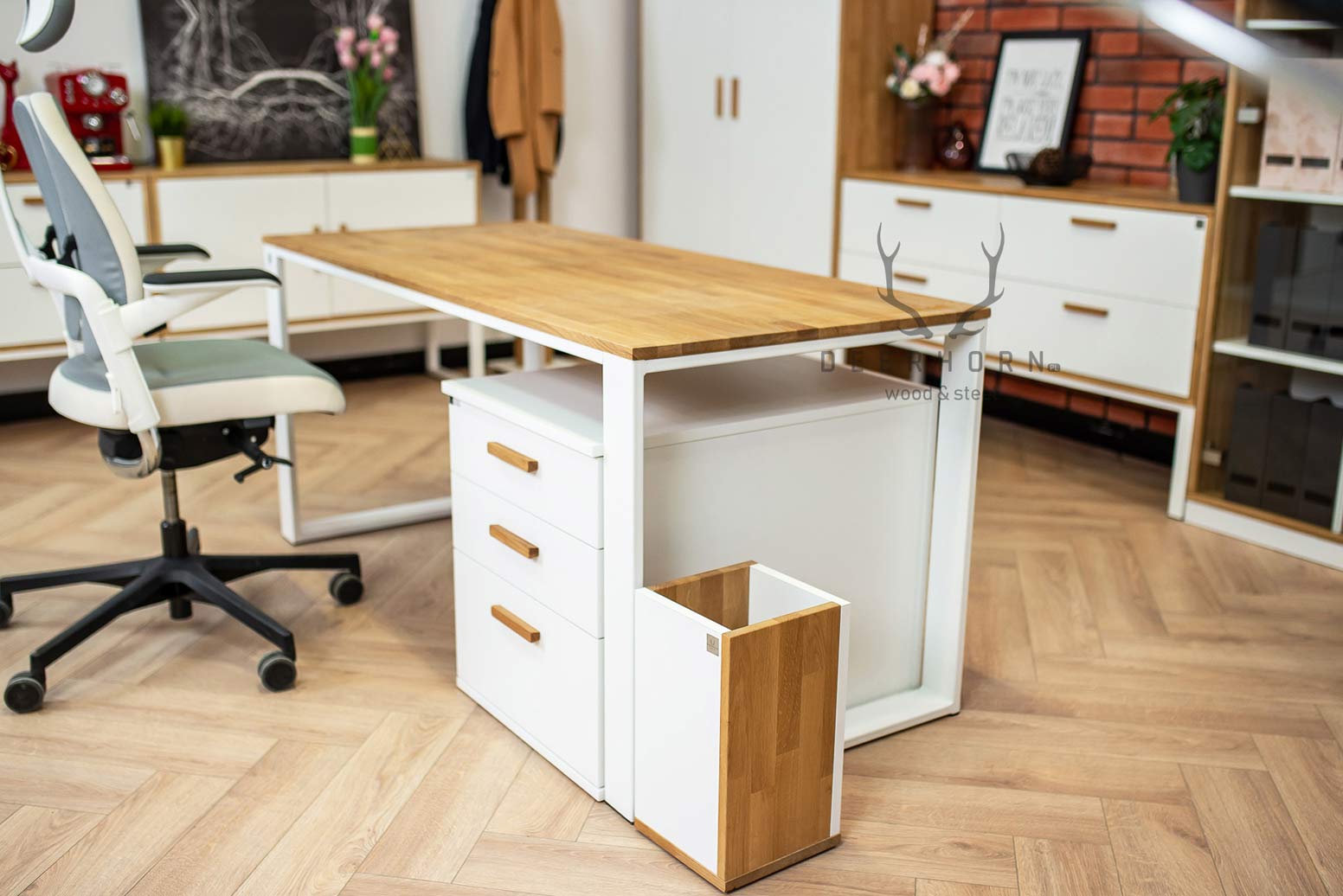 Bureau blanc avec plateau en bois 160x70cm plus caisson