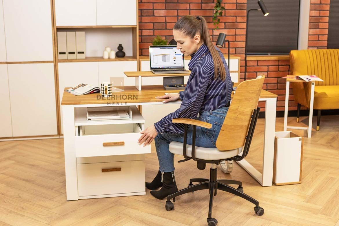 Bureau blanc avec plateau en bois 160x70cm plus caisson