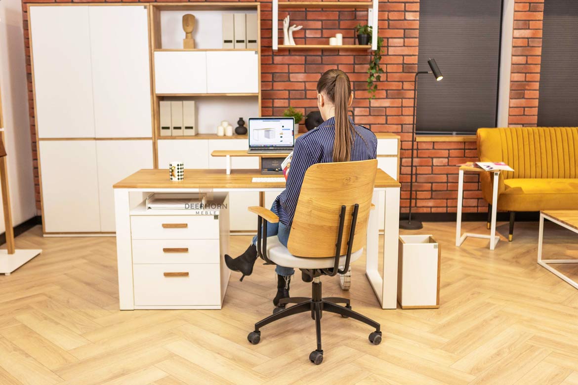 Bureau blanc avec plateau en bois 160x70cm plus caisson