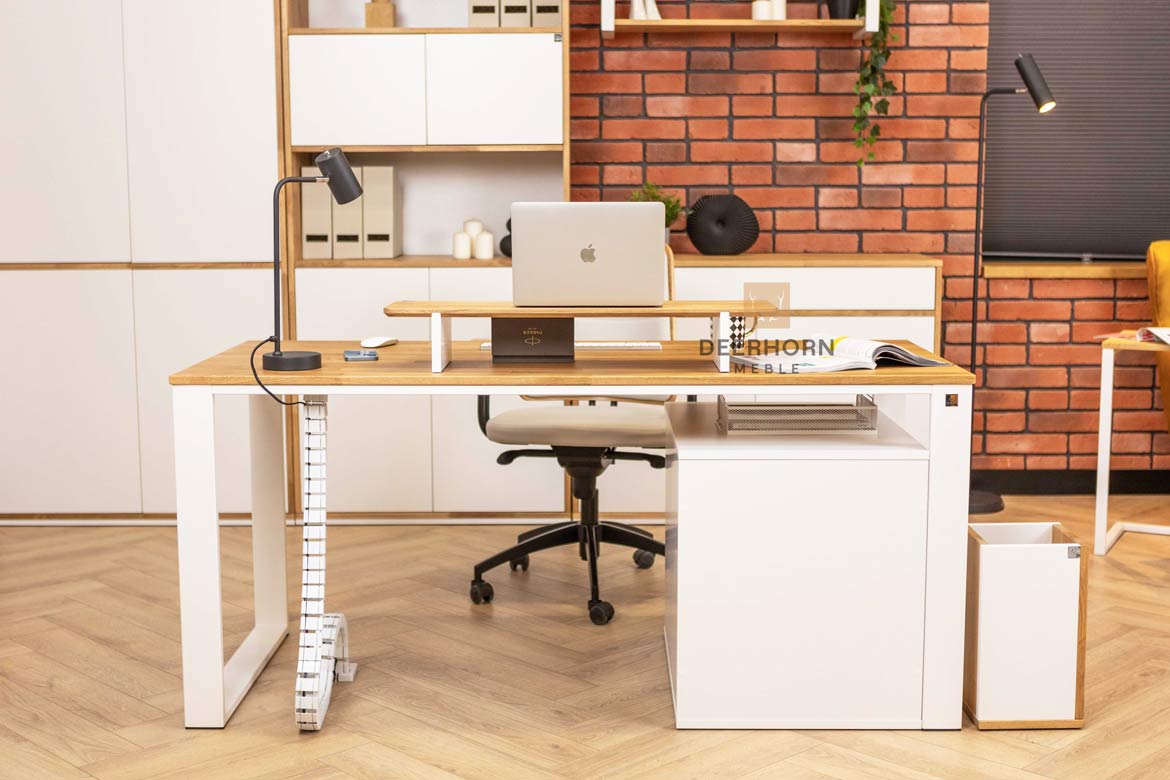 Bureau blanc avec plateau en bois 160x70cm plus caisson