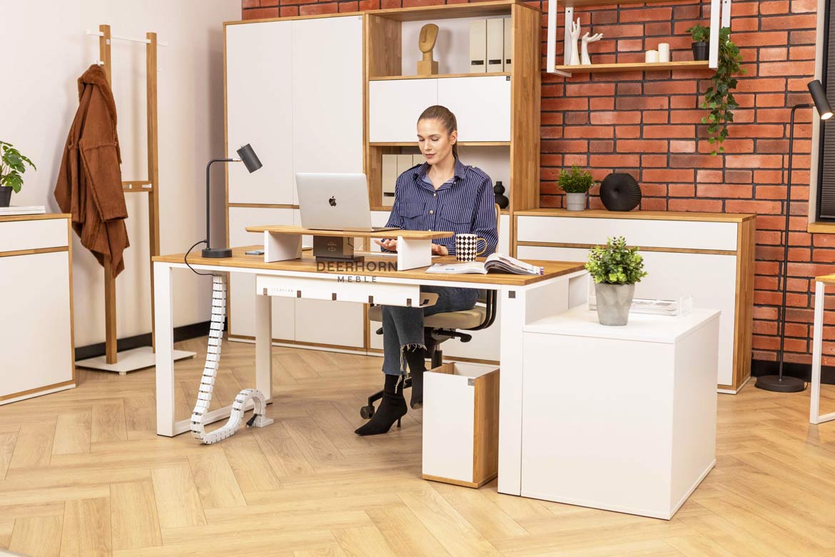 Bureau blanc avec plateau en bois 160x70cm plus caisson