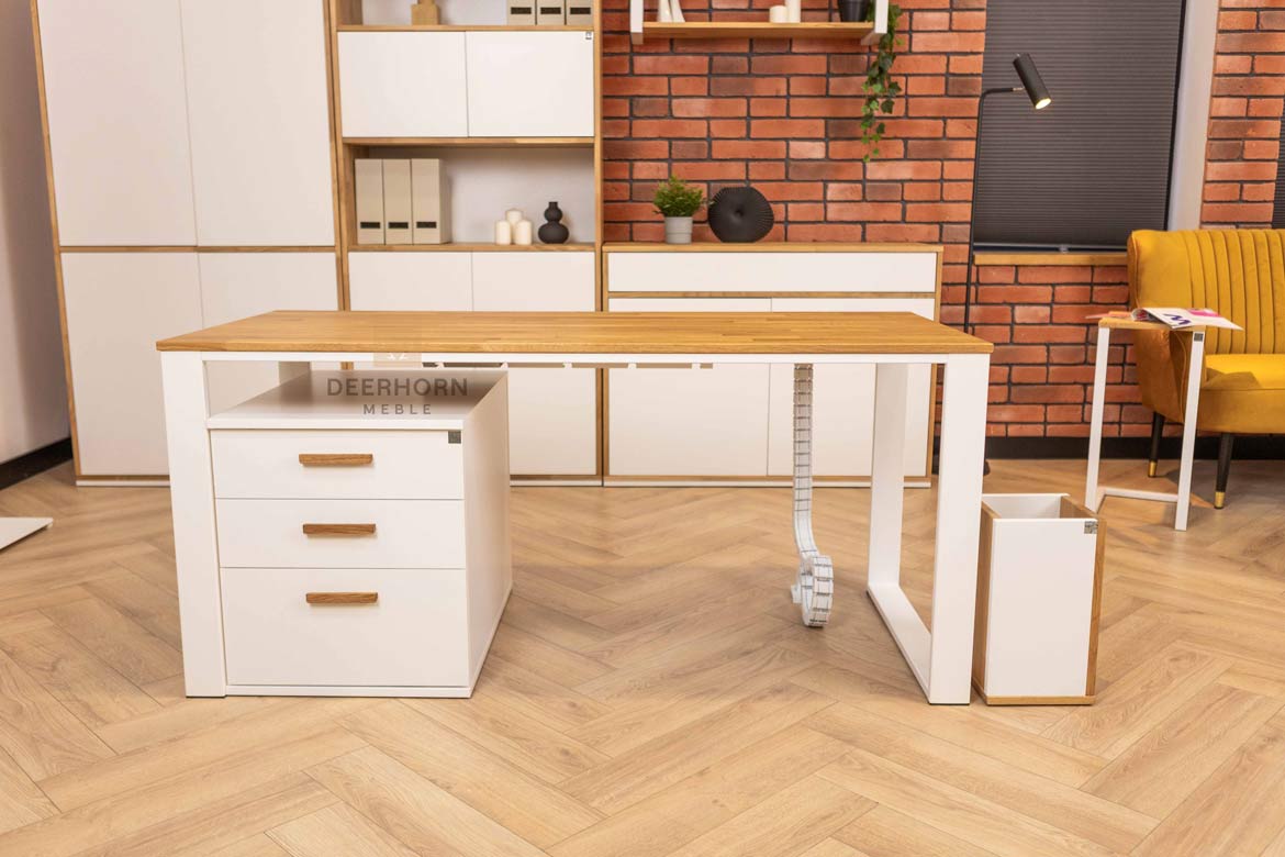 Bureau blanc avec plateau en bois 160x70cm plus caisson