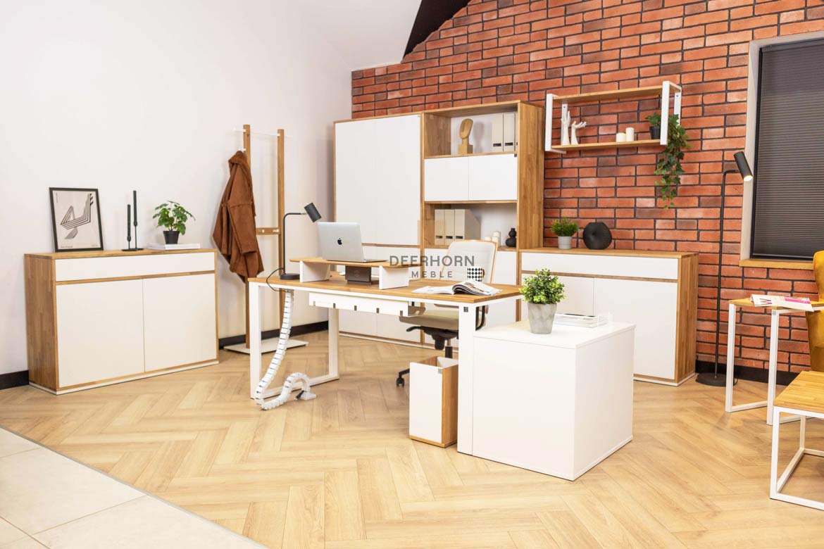 Bureau blanc avec plateau en bois 160x70cm plus caisson