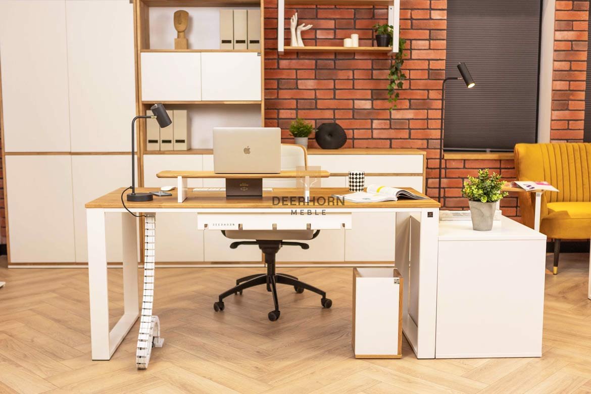 Bureau blanc avec plateau en bois 160x70cm plus caisson