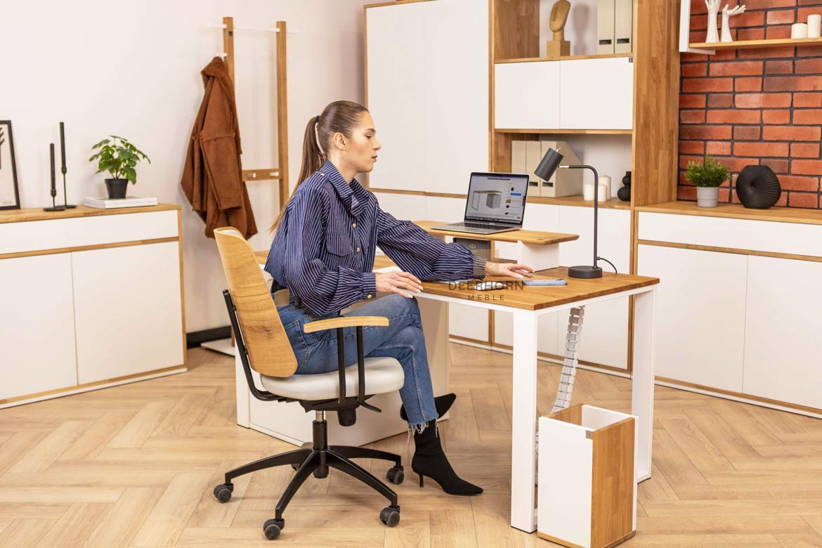 Bureau blanc avec plateau en bois 160x70cm plus caisson