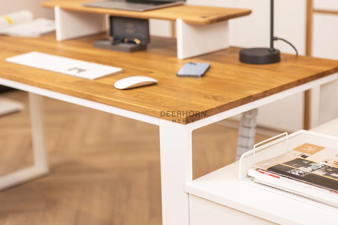 Bureau blanc avec plateau en bois 160x70cm plus caisson