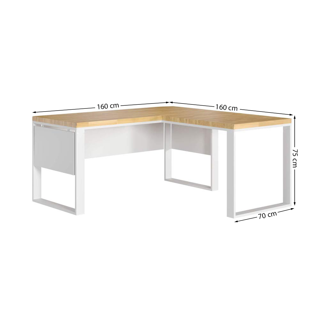 Bureau d'angle industriel en bois blanc avec plateau en chêne