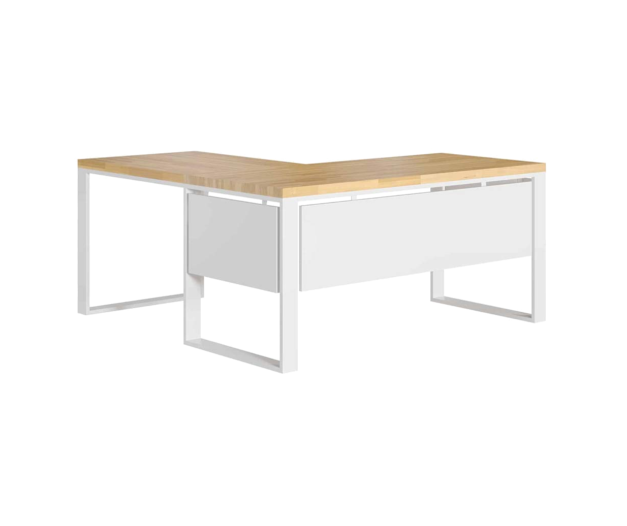 Bureau d'angle industriel en bois blanc avec plateau en chêne