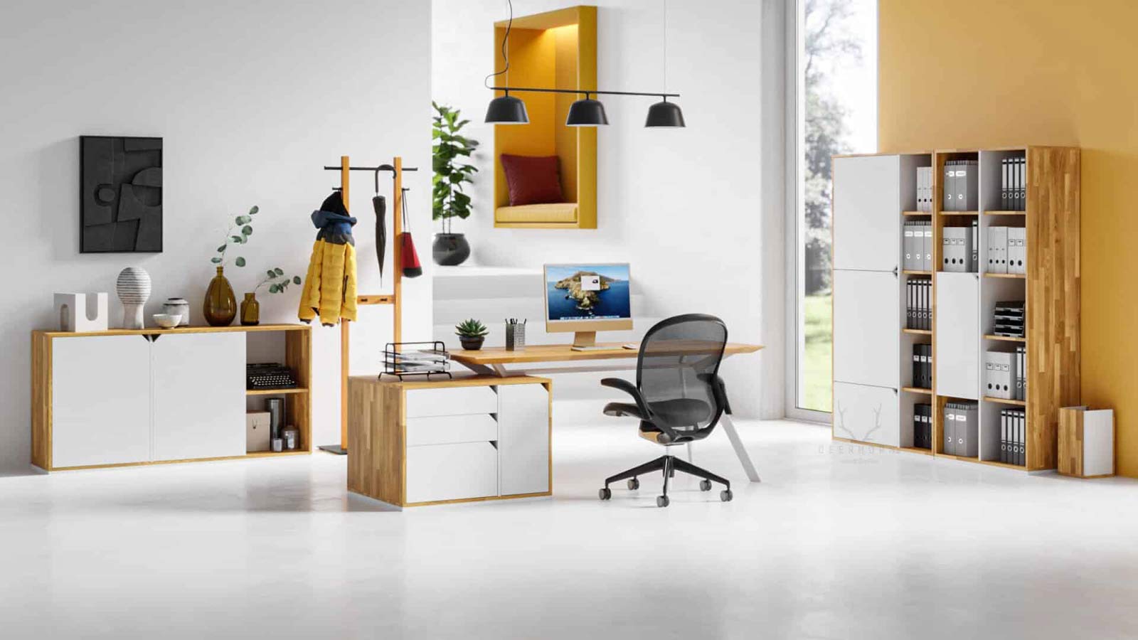 Bureau d'étude blanc avec plateau en bois Active