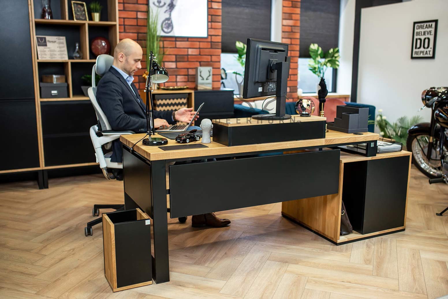 Bureau avec plan de travail pour écran loft industriel premium