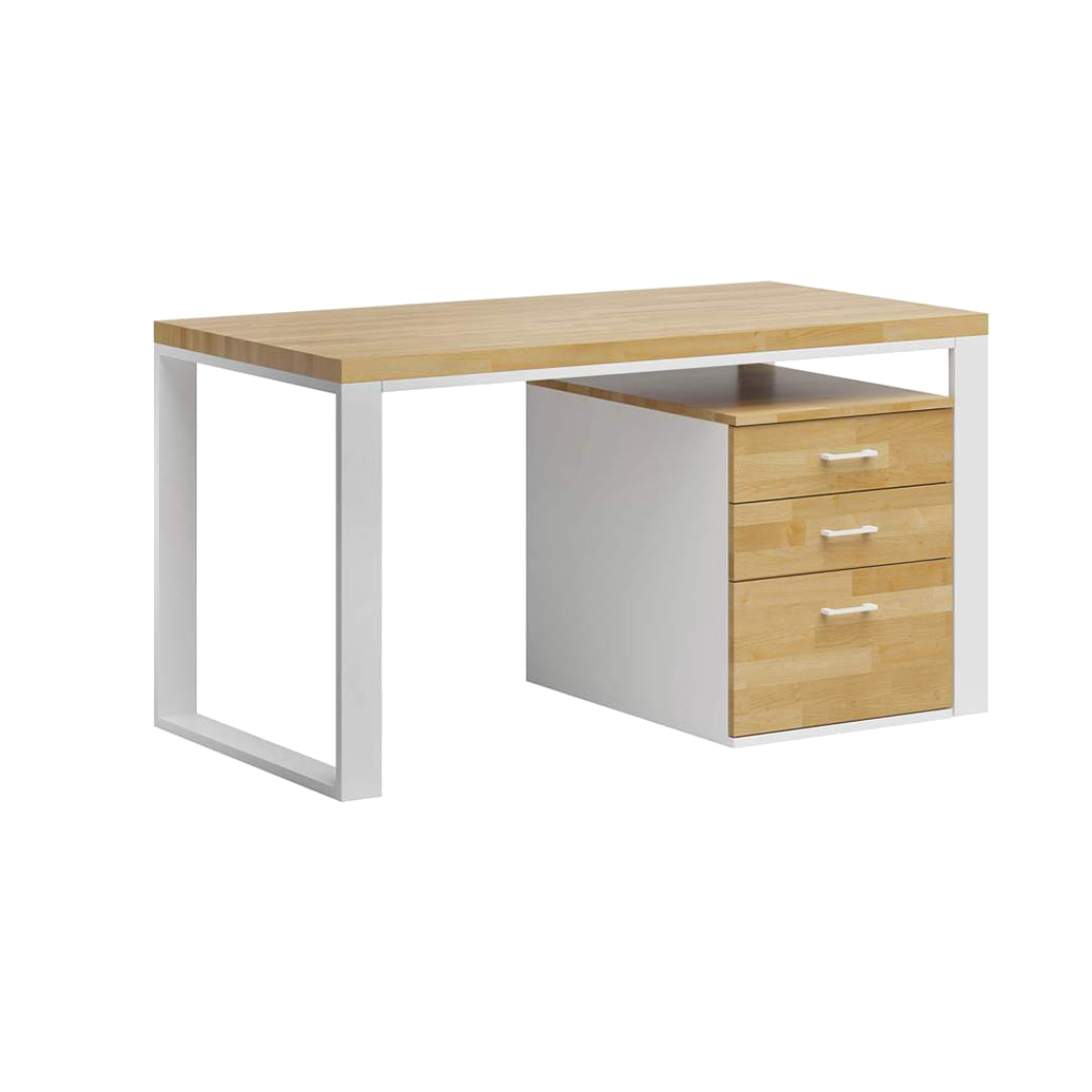 Weißer Schreibtisch mit Holzsockel für Dokumente und Bürozubehör