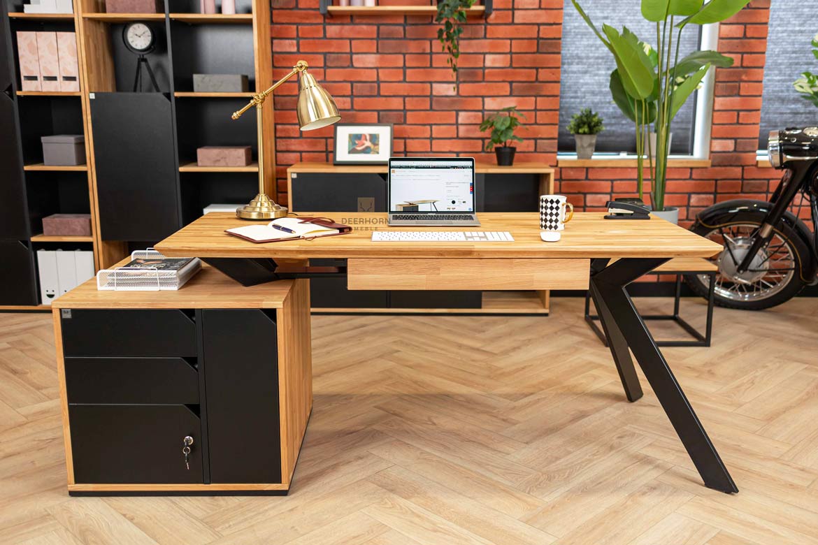Büroschreibtisch mit Holzplatte Active mit Rollcontainer